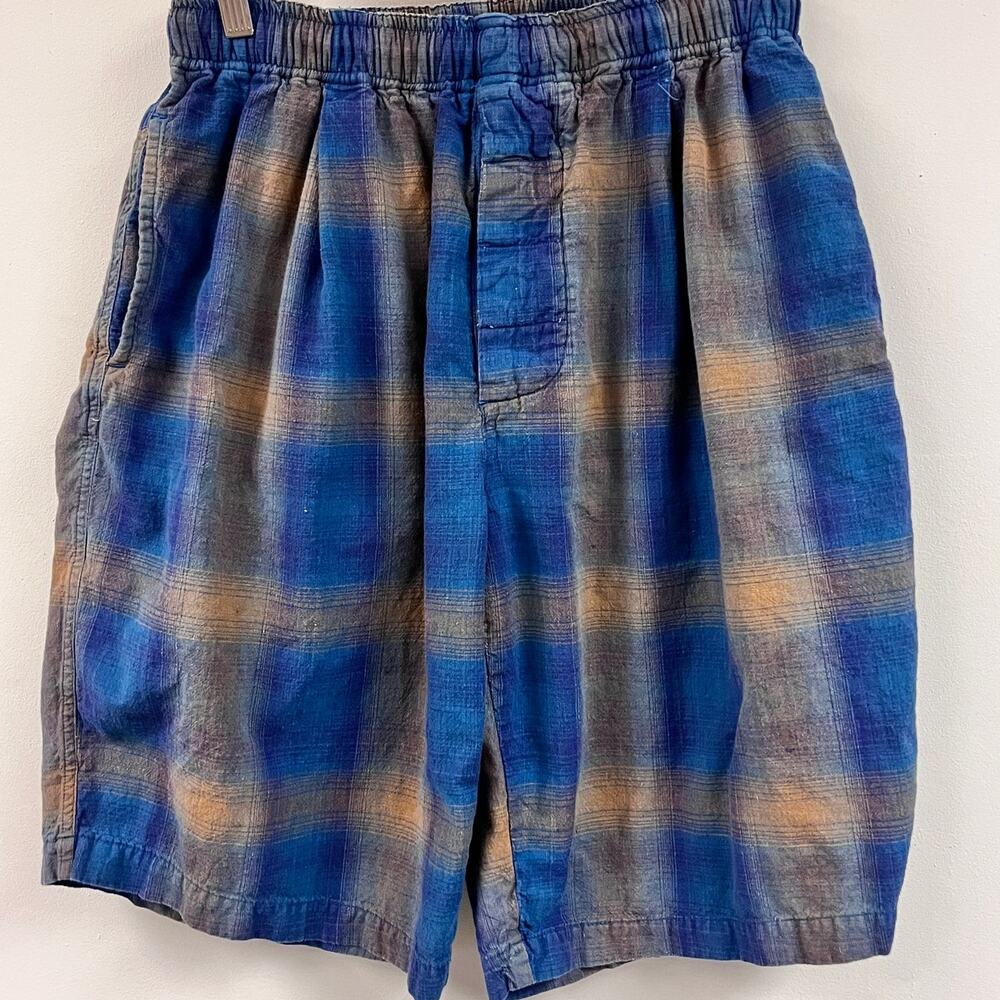 vintage men's Unionbay blue tan plaid elastic waist 100% cotton shorts Large